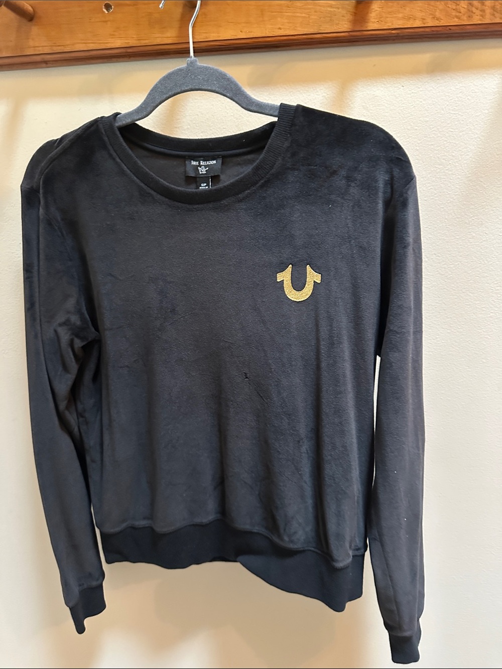 True Religion Black Velvet Crew Sweatshirt with Gold Horseshoe